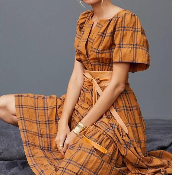 Anthropologie Dresses & Skirts - Maeve by Anthropologie Sumerset Camel Plaid Tiered Maxi Dress M Prairie Fall